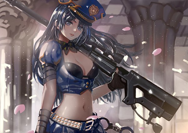 Anime picture 1100x778 with league of legends caitlyn (league of legends) officer caitlyn canking single long hair looking at viewer breasts blue eyes black hair standing sunlight bare belly girl uniform weapon petals gun peaked cap huge weapon