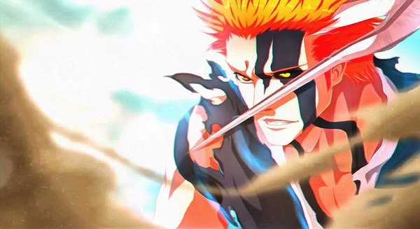 Anime picture 4000x2184 with bleach studio pierrot kurosaki ichigo tranc3monst3r single highres short hair wide image yellow eyes absurdres horn (horns) lips scan orange hair teeth coloring torn clothes eyebrows muscle serious