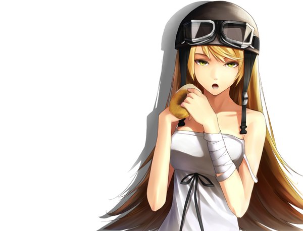 Anime picture 1700x1300 with bakemonogatari shaft (studio) monogatari (series) oshino shinobu ariinine single looking at viewer blush open mouth blonde hair bare shoulders yellow eyes goggles on head girl dress food white dress sweets bandage (bandages) sundress