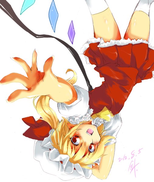 Anime picture 2336x2765 with touhou flandre scarlet single long hair tall image blush highres open mouth simple background blonde hair red eyes white background girl thighhighs dress white thighhighs wings crystal