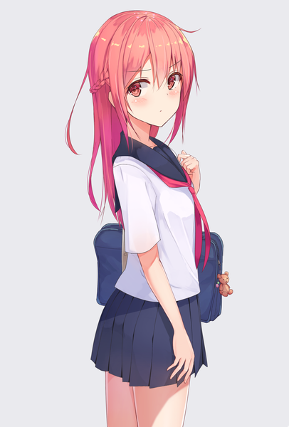 Anime picture 1016x1500 with original hachita (odangoya) single long hair tall image blush fringe simple background hair between eyes pink hair pink eyes grey background girl uniform serafuku school bag trinket