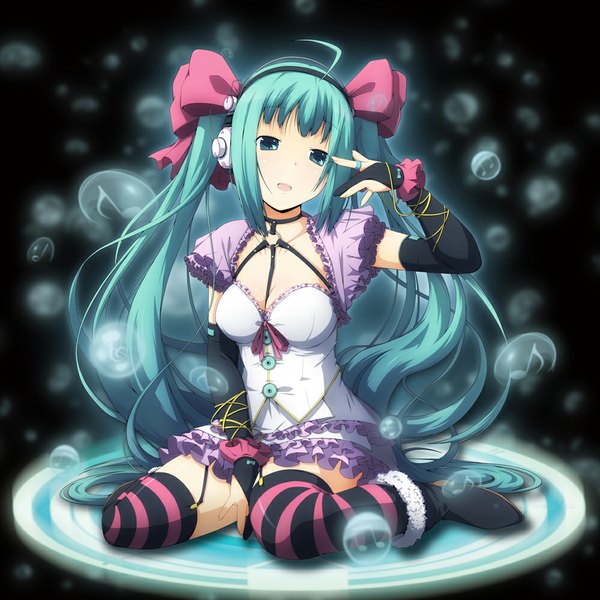 Anime picture 1000x1000 with vocaloid hatsune miku yuzuki kei single open mouth twintails very long hair aqua eyes aqua hair girl thighhighs dress bow hair bow frills headphones striped thighhighs musical note