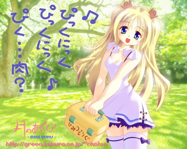 Anime picture 1280x1024 with single long hair looking at viewer fringe open mouth blue eyes blonde hair standing twintails payot outdoors sunlight inscription sleeveless happy nature girl thighhighs dress hair ornament