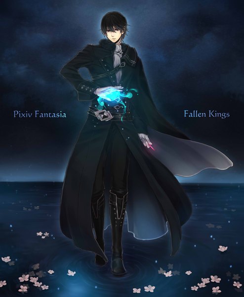 Anime picture 1575x1913 with original pixiv fantasia pixiv fantasia fallen kings tagme (artist) single tall image looking at viewer short hair black hair red eyes standing sky night night sky magic boy gloves flower (flowers) water shoes