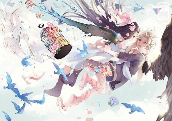 Anime picture 1131x800 with original mia0309 single long hair short hair open mouth black hair red eyes white hair girl flower (flowers) bow hair bow animal wings bird (birds) cage