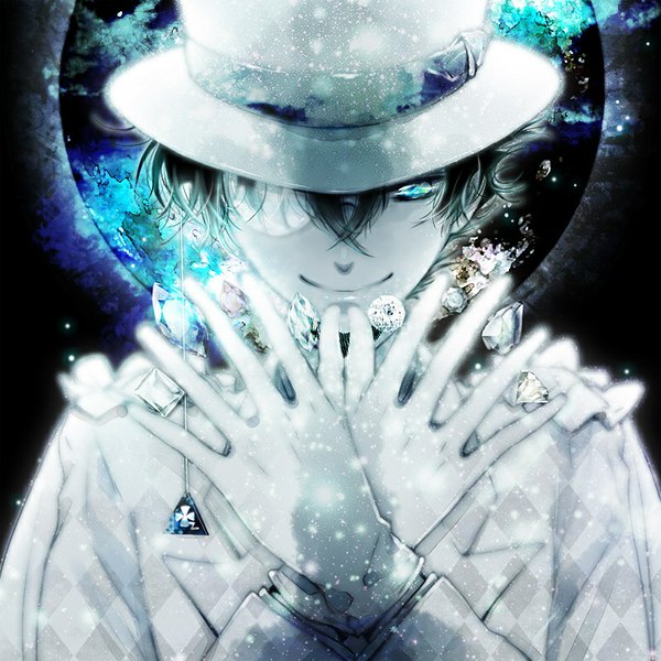 Anime picture 800x800 with detective conan magic kaito kaito kid tennen hz (artist) single looking at viewer fringe short hair black hair smile holding lips glowing glowing eye (eyes) boy gloves white gloves jewelry cloak top hat