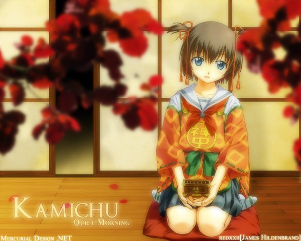 Anime picture 1280x1024 with kamichu zexcs hitotsubashi yurie single looking at viewer short hair open mouth blue eyes brown hair sitting traditional clothes japanese clothes two side up wallpaper jpeg artifacts girl branch
