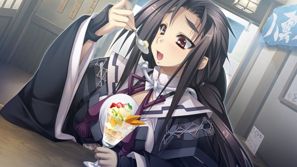 Anime picture 1280x720 with appare! tenka gomen katagiri hinata long hair open mouth black hair red eyes wide image game cg traditional clothes eating girl food sweets ice cream