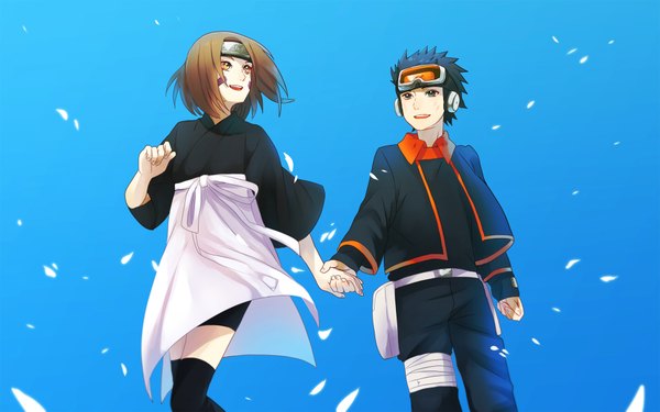 Anime picture 1920x1200 with naruto studio pierrot naruto (series) uchiha obito nohara rin tagme (artist) highres short hair open mouth black hair smile brown hair brown eyes looking away black eyes open clothes open jacket couple facial mark holding hands