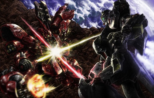 Anime picture 1807x1161 with mobile suit gundam sunrise (studio) highres mountain space battle weapon sword mecha