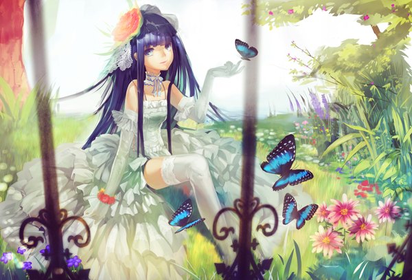 Anime picture 3508x2380 with original cg~~lolita single long hair highres blue eyes blue hair absurdres girl thighhighs dress gloves flower (flowers) plant (plants) white thighhighs elbow gloves insect butterfly grass