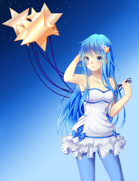 Anime picture 3400x4400 with original byouru pazuru (hitsukuya) vali (valiryn) single long hair tall image blush highres blue eyes smile bare shoulders blue hair absurdres hair flower night night sky girl dress hair ornament flower (flowers)