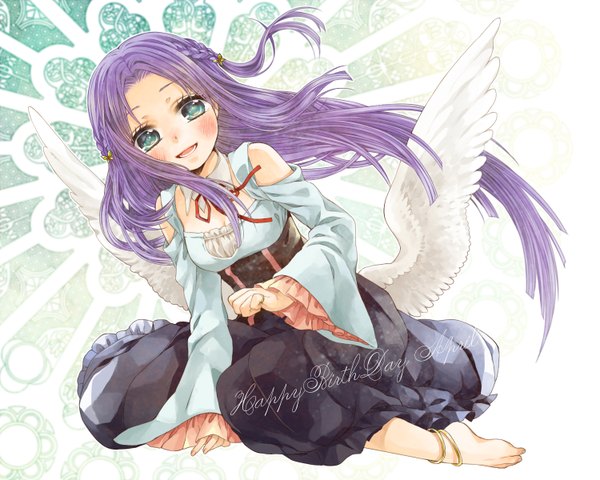 Anime picture 1500x1200 with original nemutagari single long hair blush blue eyes purple hair barefoot girl dress detached sleeves wings