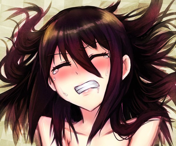 Anime picture 1201x1000 with original samael single long hair blush light erotic brown hair bare shoulders eyes closed nude saliva crying sexually suggestive girl