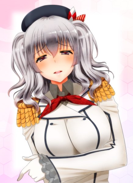 Anime picture 873x1200 with kantai collection kashima training cruiser kiko (weavehabit) single long hair tall image looking at viewer blush fringe upper body parted lips pink eyes grey hair girl uniform military uniform epaulettes