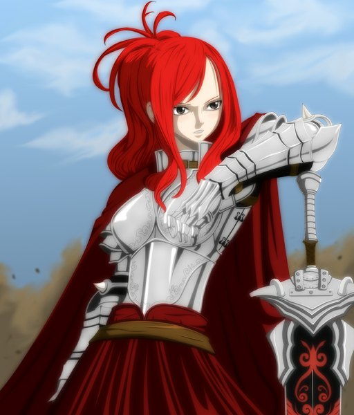 Anime picture 1000x1171 with fairy tail erza scarlet mymph-of-angels single long hair tall image brown eyes sky cloud (clouds) red hair coloring smoke girl weapon sword armor cloak