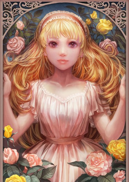 Anime picture 1414x2000 with original umedama single long hair tall image blonde hair purple eyes lips framed girl dress flower (flowers) hairband rose (roses)