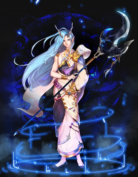 Anime picture 800x1024 with ruck long hair tall image blue eyes blue hair horn (horns) pointy ears magic weapon earrings bracelet jewelry ring rope polearm