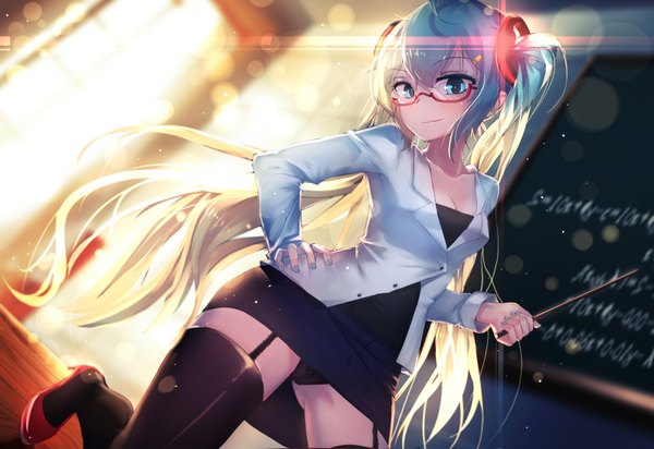 Anime picture 1600x1100 with vocaloid hatsune miku qys3 single long hair looking at viewer blush light erotic aqua hair depth of field hand on hip kneeling lens flare bespectacled girl thighhighs underwear panties black thighhighs shirt