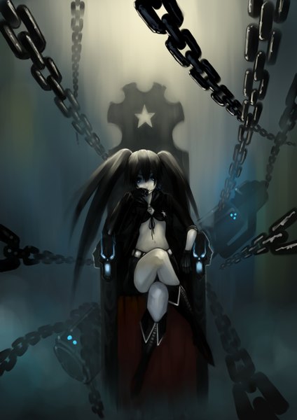 Anime picture 2000x2829 with black rock shooter black rock shooter (character) surolen (artist) single long hair tall image highres blue eyes black hair sitting twintails legs glowing glowing eye (eyes) girl gloves shorts rose (roses) star (symbol) thigh boots