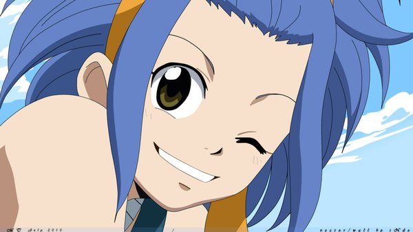 Anime picture 1920x1080 with fairy tail levy mcgarden single long hair highres smile wide image brown eyes blue hair sky cloud (clouds) one eye closed wink face girl