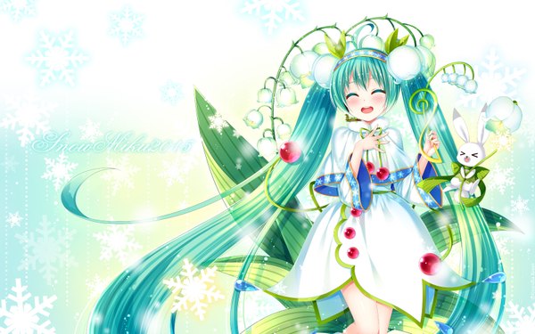 Anime picture 1600x1000 with vocaloid hatsune miku yuki miku rabbit yukine yuki miku (2015) grandia bing single blush open mouth smile eyes closed very long hair aqua hair wallpaper snowing girl dress flower (flowers) plant (plants) animal