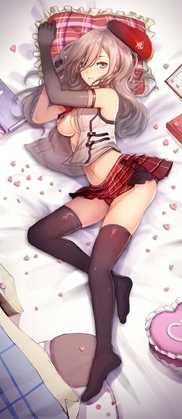 Anime picture 436x1000 with god eater burst alisa ilinichina amiella teddy (khanshin) single long hair tall image looking at viewer fringe breasts blue eyes light erotic brown hair bare shoulders bent knee (knees) lying pleated skirt from above bare belly no shoes plaid skirt