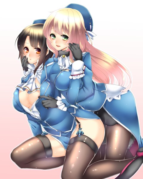 Anime picture 1080x1350 with kantai collection atago heavy cruiser takao heavy cruiser yutazou long hair tall image looking at viewer blush short hair breasts open mouth light erotic black hair blonde hair large breasts multiple girls green eyes orange eyes shoujo ai girl