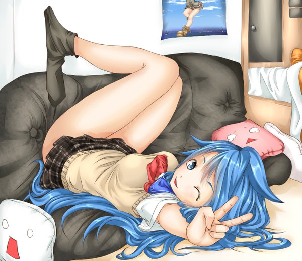 Anime picture 1385x1200 with original ayase tamaki long hair blue eyes smile blue hair one eye closed wink legs victory girl skirt miniskirt serafuku pillow sweater couch