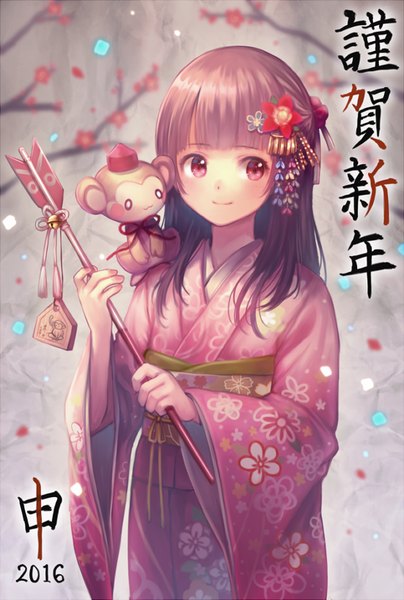 Anime picture 550x815 with original nishizawa single long hair tall image blush smile red eyes brown hair looking away blunt bangs traditional clothes japanese clothes inscription wide sleeves text floral print hieroglyph new year animal on shoulder