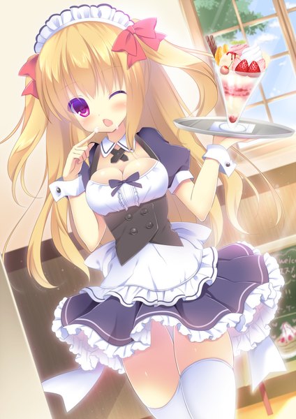 Anime picture 700x990 with original shibainu niki single long hair tall image blush open mouth light erotic blonde hair purple eyes one eye closed wink maid two side up girl thighhighs dress uniform white thighhighs food