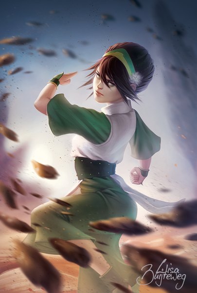 Anime picture 608x900 with avatar: the last airbender nickelodeon toph beifong zolaida (artist) single tall image looking at viewer fringe short hair brown hair lips realistic grey eyes fighting stance girl clothes