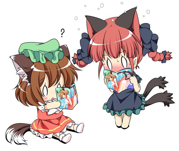 Anime picture 1000x844 with touhou kaenbyou rin chen pila-pela looking at viewer blush fringe open mouth brown hair standing sitting multiple girls holding brown eyes animal ears full body ass red hair tail braid (braids)