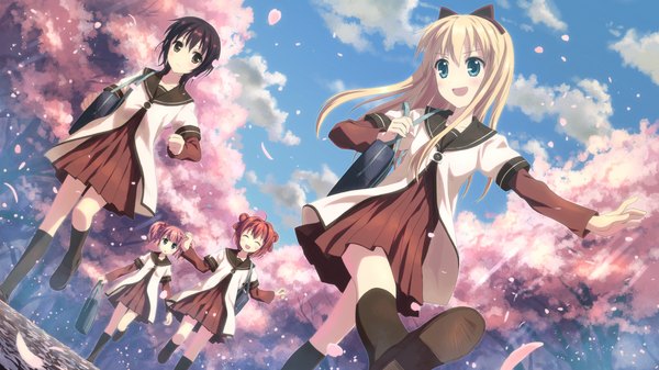 Anime picture 2560x1440 with yuru yuri doga kobo toshinou kyouko akaza akari yoshikawa chinatsu funami yui yuuki tatsuya long hair highres short hair blue eyes black hair blonde hair wide image multiple girls pink hair red hair black eyes cherry blossoms group