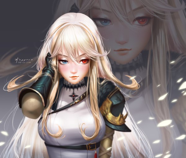 Anime picture 1920x1634 with stcygnus single long hair blush fringe highres breasts blue eyes blonde hair hair between eyes red eyes signed looking away lips heterochromia dated zoom layer girl gloves armor