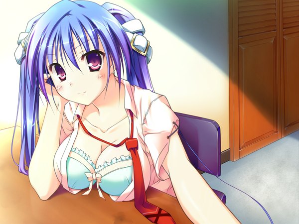 Anime picture 1600x1200 with sparkle!! t-ray long hair blush highres breasts light erotic smile large breasts twintails purple eyes blue hair open clothes open shirt breasts outside frilled bra breast rest ribbon (ribbons) necktie lingerie