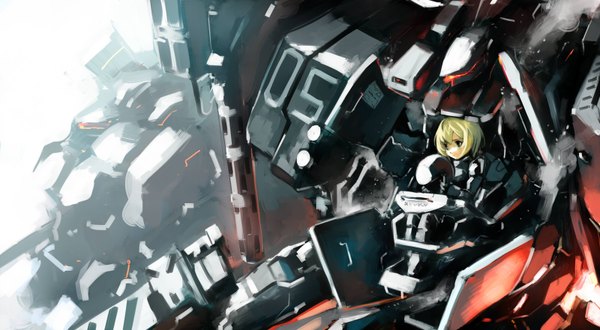 Anime picture 1600x880 with armored core short hair blonde hair wide image green eyes girl helmet mecha
