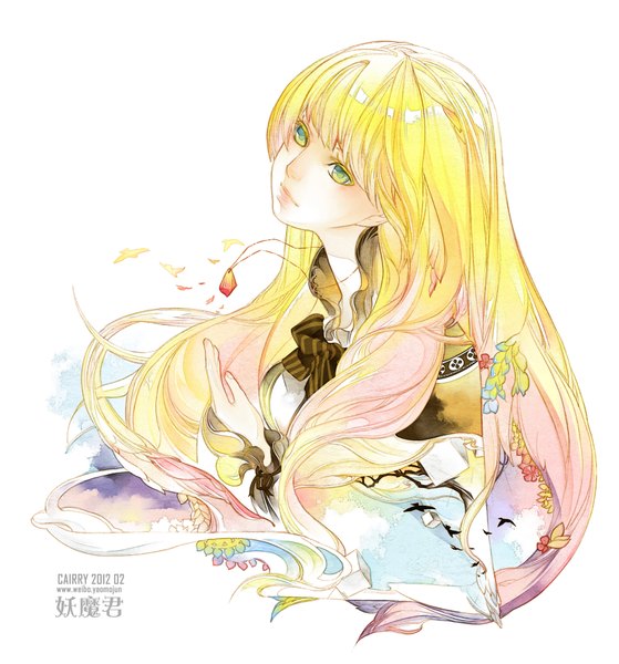 Anime picture 1680x1801 with original yaomou meizi single long hair tall image blush simple background blonde hair white background green eyes multicolored hair inscription traditional media watercolor (medium) girl animal bird (birds) pendant jewelry