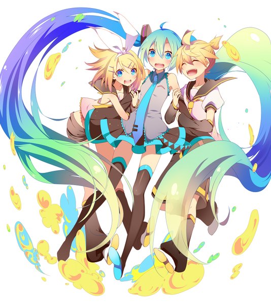 Anime picture 1800x2023 with vocaloid hatsune miku kagamine rin kagamine len temari (deae) tall image blush highres short hair open mouth blue eyes simple background blonde hair white background twintails multiple girls ahoge eyes closed very long hair multicolored hair
