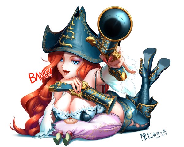Anime picture 1500x1200 with league of legends miss fortune (league of legends) teemo (league of legends) chen qi (chanseven) single long hair looking at viewer breasts open mouth blue eyes light erotic simple background smile large breasts white background bare shoulders nail polish lips orange hair inscription