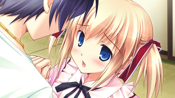 Anime picture 1280x720 with himitsu no otome blush short hair open mouth blue eyes blonde hair wide image twintails game cg loli short twintails girl boy ribbon (ribbons) hair ribbon