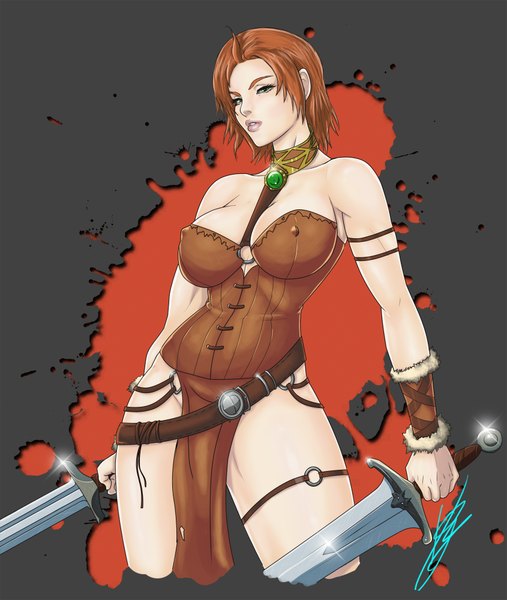 Anime picture 1690x2000 with original digitally-devious single tall image short hair breasts light erotic simple background brown hair large breasts bare shoulders green eyes erect nipples covered nipples dark background girl weapon sword