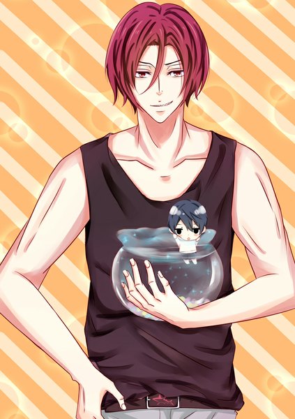 Anime picture 700x993 with free! kyoto animation matsuoka rin nanase haruka (free!) fishchan tall image looking at viewer blush short hair open mouth black hair smile red eyes red hair black eyes multiple boys sleeveless hand on hip striped traditional media
