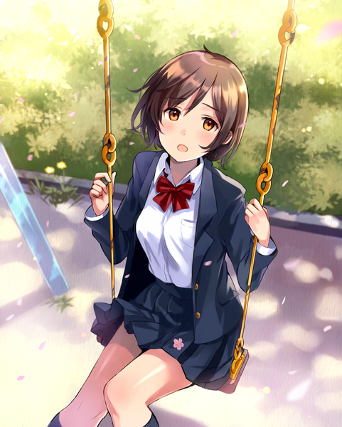 Anime picture 800x997 with original tan (tangent) single tall image blush fringe short hair breasts open mouth brown hair sitting holding brown eyes outdoors pleated skirt sunlight shadow girl skirt flower (flowers)