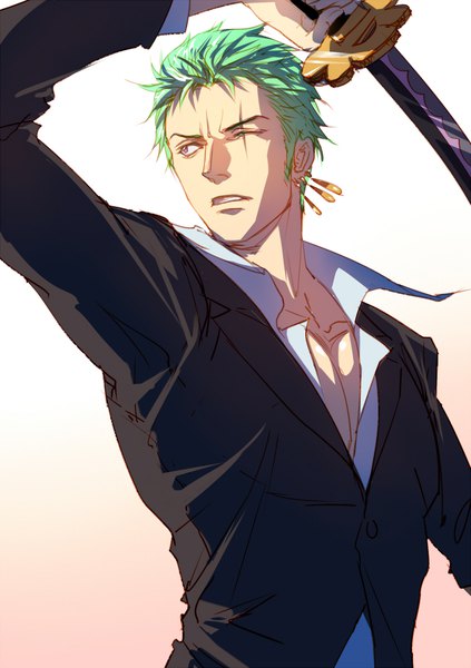 Anime picture 699x992 with one piece toei animation roronoa zoro eilinna single tall image short hair simple background purple eyes looking away upper body parted lips one eye closed gradient background scar fighting stance boy weapon earrings sword