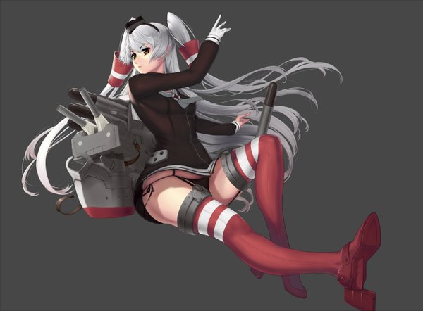 Anime picture 1446x1066 with kantai collection amatsukaze destroyer zealt single long hair light erotic brown eyes looking away grey hair grey background two side up legs girl thighhighs gloves underwear panties hat white gloves black panties