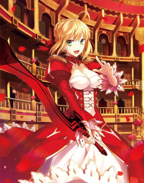Anime picture 1100x1400 with fate (series) fate/extra type-moon nero claudius (fate) (all) nero claudius (fate) fuyuki (neigedhiver) single long hair tall image looking at viewer fringe breasts open mouth blonde hair large breasts standing holding green eyes cleavage ahoge
