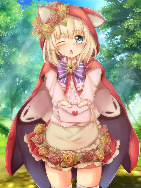 Anime picture 1800x2400 with little red riding hood little red riding hood (character) uta miku single tall image looking at viewer blush fringe highres short hair open mouth blue eyes blonde hair holding animal ears one eye closed zettai ryouiki outstretched hand girl thighhighs