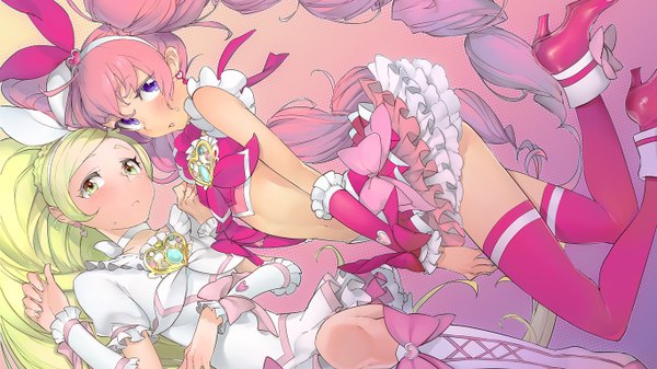 Anime picture 1366x768 with precure suite precure toei animation houjou hibiki minamino kanade cure melody cure rhythm mikurou (nayuta) chiyoda mikuro long hair blonde hair wide image purple eyes multiple girls yellow eyes pink hair girl thighhighs dress bow