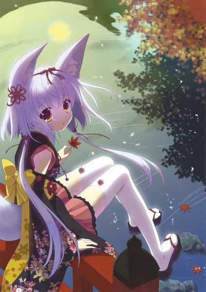 Anime picture 2117x3000 with original eshi 100-nin ten nanao naru single long hair tall image looking at viewer fringe highres open mouth hair between eyes sitting holding animal ears sky bent knee (knees) outdoors white hair tail traditional clothes